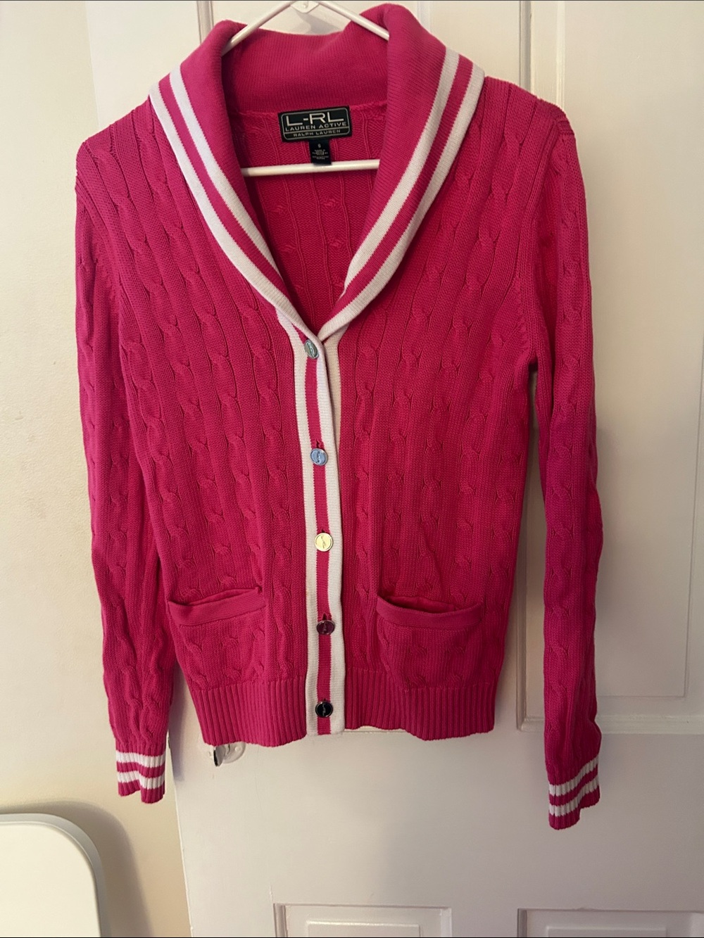 Lauren Ralph Lauren Hot Pink Cable-Knit Sailor Collar Cardigan